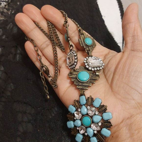Faux Turquoise Rhinestones and Brass Tone Mixed Media Boho Statement Necklace - Picture 6 of 7